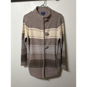 Pendleton Long Striped Sweater Coat Lambs Wool Knit Jacket, Medium, Gray/White